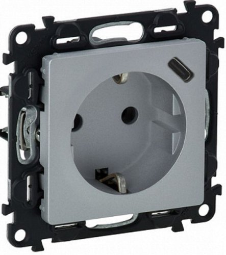 Розетка с заземлением +1xUSB тип A без рамки Legrand Valena Life 1-м. шторки алюминий картинка